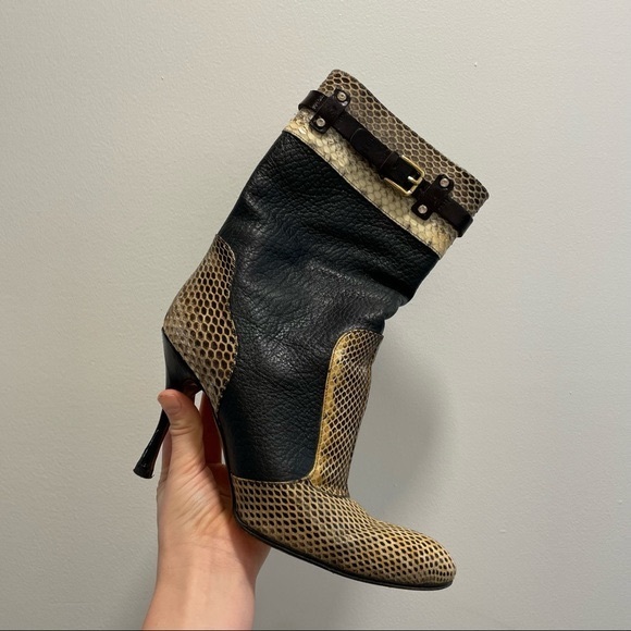 Dolce & Gabbana Shoes - Dolce & Gabbana Ankle Boots Snake & Black Leather Swarovski Crystals Wide Ankle